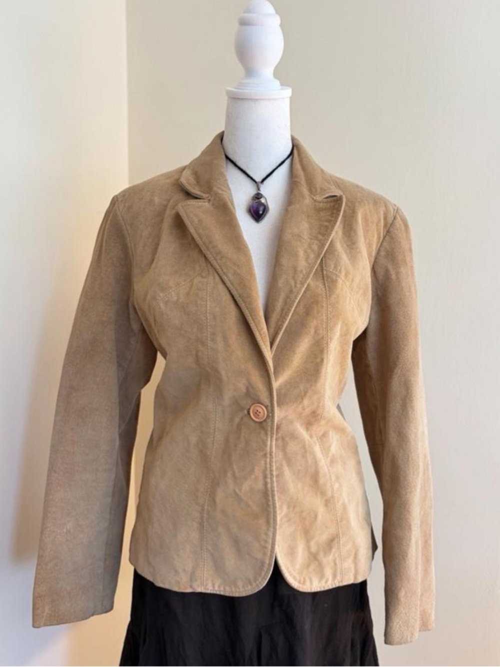 Vintage Y2K suede leather blazer jacket camel tan 2000s euro fall chic L-XL